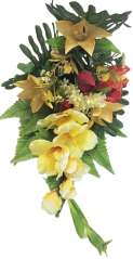 Bukiet róż, mieczyków i lilii „16” żółto-czerwony 70 cm sztuczny