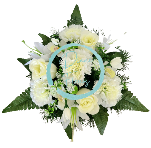 Aranjament pentru cimitir de garoafe artificiale, trandafiri, orhidee, crini și accesorii Ø 30cm x 20cm