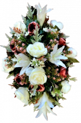 Krásný smuteční umělý věnec růže, lilie a doplňky 70cm x 40cm x 25cm