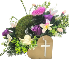 Sympathy arrangement made of artificial Roses, Lilies, Mossy wreath, Angel and Accessories 50cm x 20cm x 25cm