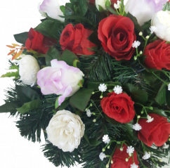 Coroana funerara din trandafiri și bujori artificiali Ø 44cm roșu, violet, crem