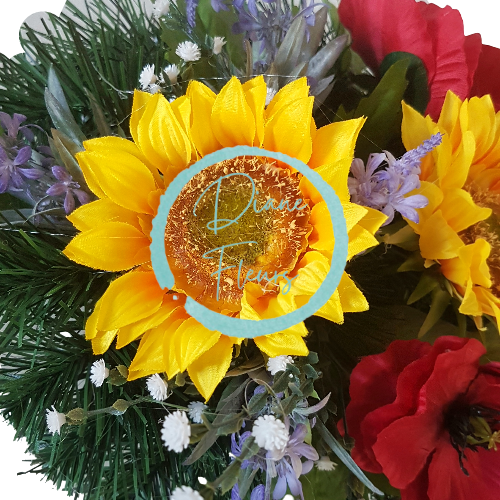 Smútočný aranžmán betonka exclusive umelé slnečnice, vlčí mak, levanduľa & doplnky 60cm x 30cm x 23cm