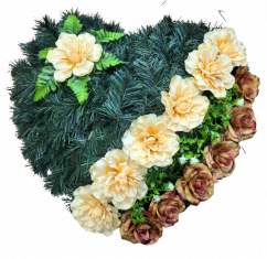 Mesterséges Temetési koszorú "Szív" Rózsák és Dahlia és kiegészítők 55cm x 55cm