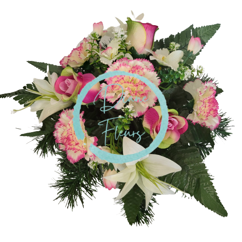 Díszített betontál fenyőből mesterséges szegfű, rózsa, orchidea, liliomok és kiegészítők Ø 30cm x 20cm
