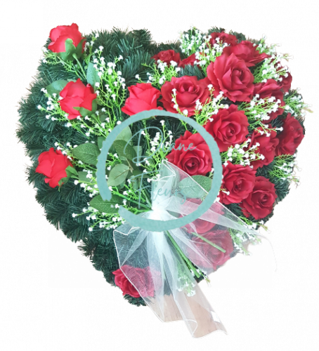 Smuteční věnec "Srdce" z umělých růží a doplňky 65cm x 65cm červený