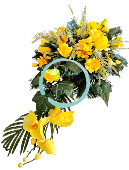 Luxusný aranžmán betonka umelé ruže, margaréty, orchidey a doplnky 100cm x 45cm x 28cm