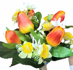 Tulipány a narcisy kytice umělá x12 33cm oranžová, žlutá
