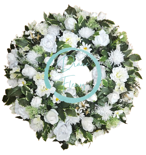 Smuteční věnec borovicový exclusive hortenzie, růže, clematis, chryzatémy, kopretiny a doplňky 80cm AS994