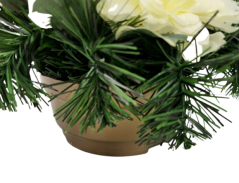 Trauergesteck aus künstliche Rosen, Lilien, Dahlie und Zubehör Ø 28cm x 15cm