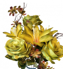 Rózsa, százszorszép és liliom csokor x7 zöld 44cm művirág