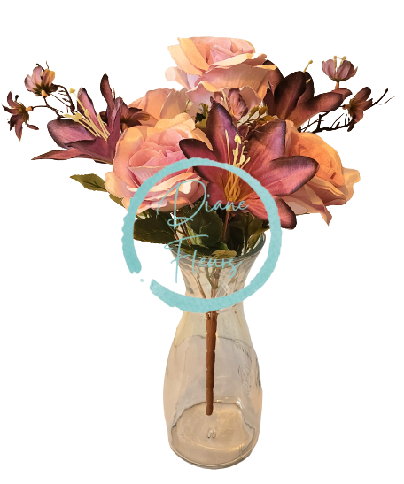 Ruža, Margarétka a Ľalia kytica x7 fialová, ružová 44cm umelá