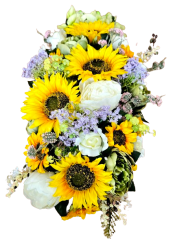 Decor frumos de floarea soarelui artificial, bujori, orhidee și accesorii într-un ghiveci de flori 75cm x 30cm x 28cm