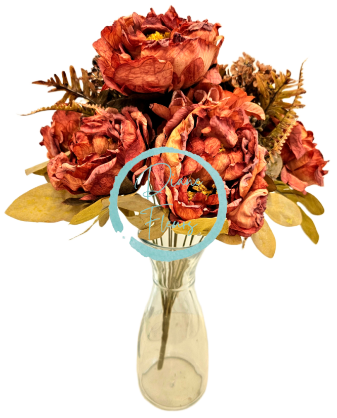 Künstlicher Strauß aus Pfingstrosen, Hortensien und Accessoires 48cm Orange