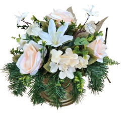 Sympathy arrangement made of artificial Lilies, Roses, Hydrangeas and Accessories Ø 30cm x 30cm