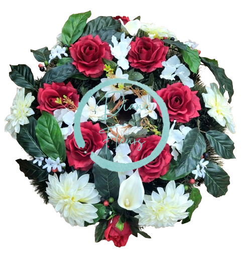 Künstlicher Tannenkranz dekoriert mit Rosen, Dahlien, Gerberen, Calla-Lilien und Accessoires 55cm :: {product_name}