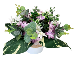 Variace umělých květin v květináči 35cm x 24cm fialová, zelená, krémová