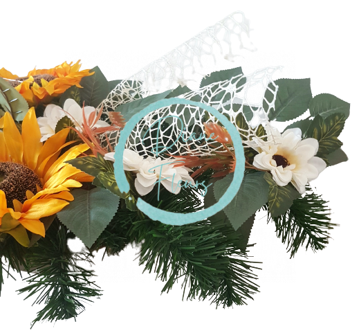 Aranjament pentru cimitir de floarea soarelui artificiala, gerbere si accesorii 60cm x 32cm x 18cm