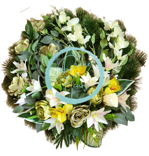 Coroană de pin doliu Exclusiv Trandafiri & Gladiole & Crini & Orhidee și Accesorii Ø 85cm