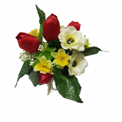Kytice Tulipán & Narcis & Anemone x10 30cm červená & žlutá & krémová umělá
