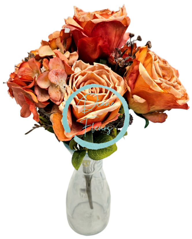 Изкуствен букет от рози, хортензии и аксесоари 44 см оранжеви