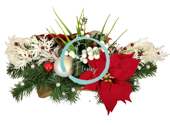 Sympathy arrangement made of artificial Poinsettias, Berries, Christmas balls and Accessories 50cm x 28cm x 28cm