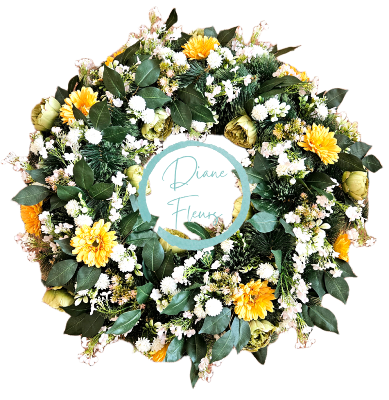 Luxusný smútočný veniec borovicový exclusive peonie pivonky, gerbery, sedum a doplnky Ø 90cm