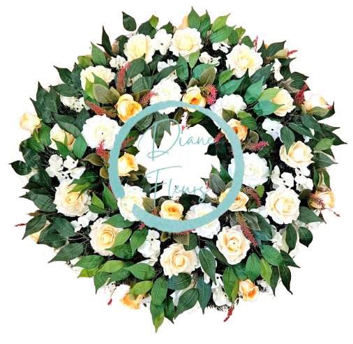 Luxusný smútočný veniec borovicový exclusive ruže, hortenzie a doplnky 90cm