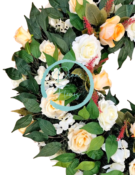 Luxusný smútočný veniec borovicový exclusive ruže, hortenzie a doplnky 90cm
