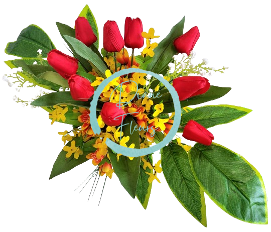 Sympathy arrangement made of artificial Tulips, Golden Shower and Accessories 67cm x 35cm x 25cm