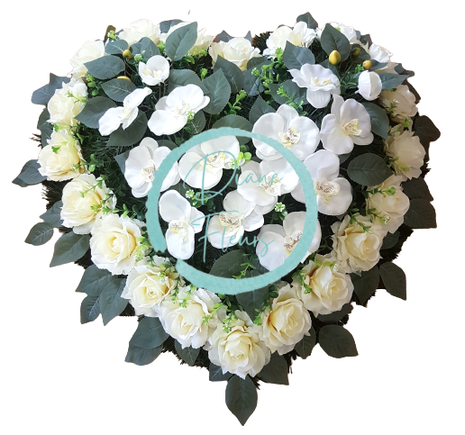 Wianek żałobny "Serce" z róż i orchidei 60cm x 60cm kremowy, biały sztuczny