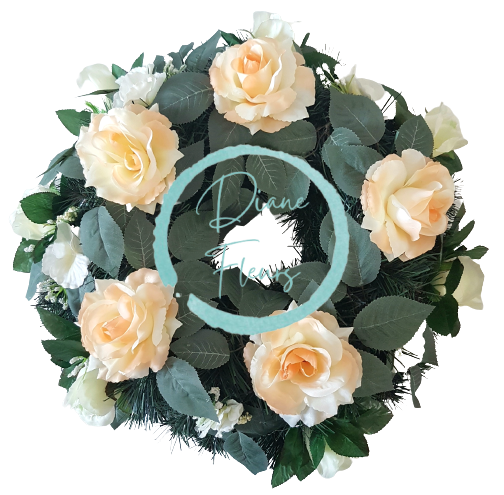 Pogrebni venec Srce z umetnimi dalijami in dodatki O 50cm krem, roza, zelen