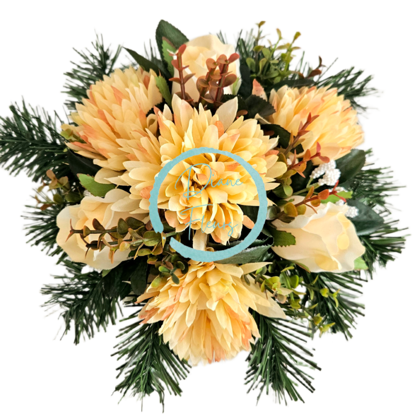 Kompozycja pogrzebowa sztuczne chryzantemy, róże i dodatki 28cm x 18cm AS1086