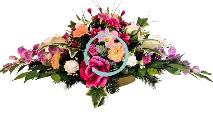 Luxuriöse Trauergesteck aus künstliche Rosen, Gänseblümchen, Nelken, Alstromerien, Calla Lilien, Gladiolen und Accessoires 105cm x 50cm x 40cm