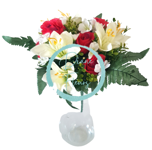 Buchet Trandafiri & Crini x13 roșu & crem 32cm flori artificiale