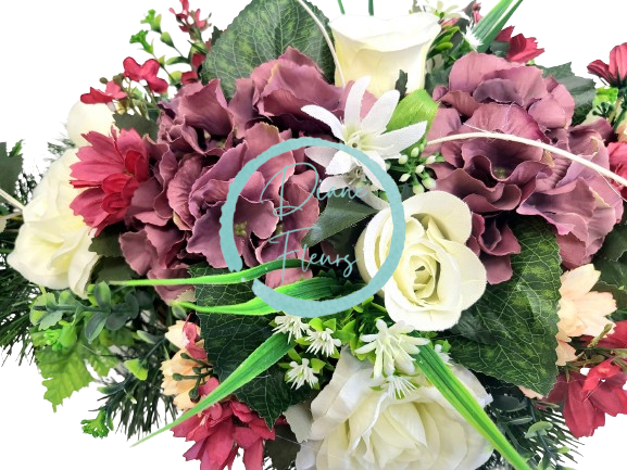 Trauergesteck aus künstliche Rosen, Hortensien und Zubehör 62cm x 30cm x 20cm