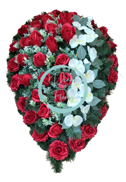 Smuteční věnec "Slza" z umělých růží a orchidejí 100cm x 65cm