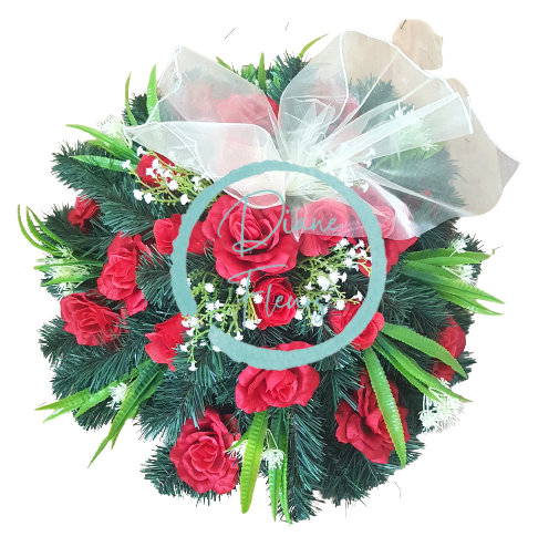 Wieniec żałobny krąg ze sztucznymi różami i dodatkami 55cm czerwony