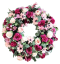 Luxusný smútočný veniec borovicový exclusive pivonky, dálie, clematis, chryzantémy, ruže a doplnky 80cm