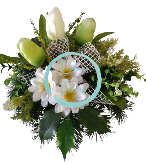 Smútočný aranžmán betonka umelé tulipány, margarétky & doplnky Ø 25cm x 30cm