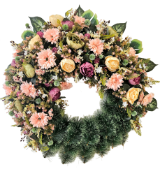 Luxusný smútočný veniec borovicový exclusive peonie pivonky, gerbery, sedum a doplnky Ø 100cm