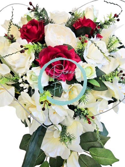 Luxusný aranžmán v tvare srdca umelé ruže, gladioly, pivonka a doplnky 48cm x 60cm x 20cm