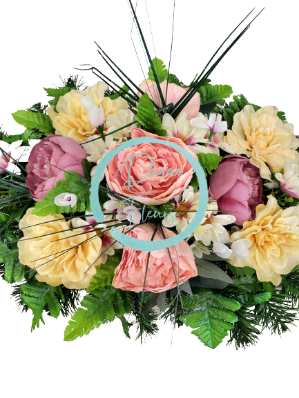 Aranjament pentru cimitir de bujori artificiali, dalii, margarete si accesorii 70cm x 35cm x 25cm