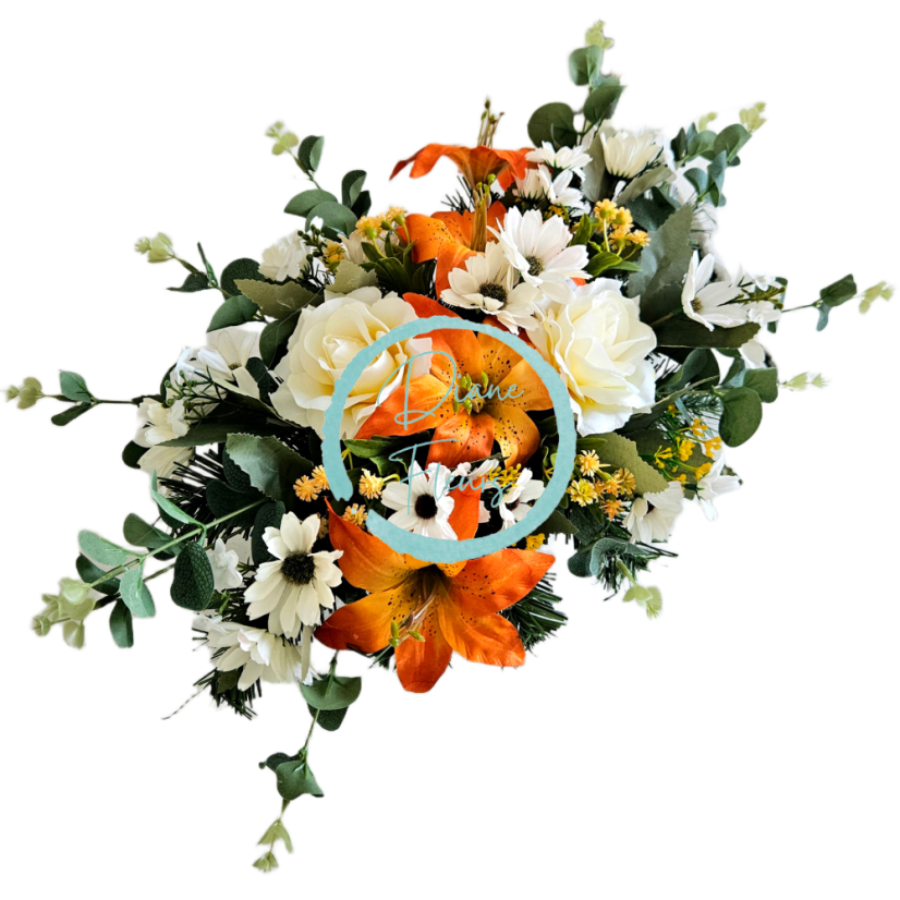 Trauergesteck aus künstliche Rosen, Gänseblümchen, Lilien und Accessoires 50cm x 35cm x 18cm AS1077