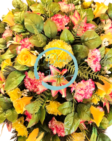 Artificial wreath decorated with Carnations, Roses, Lilies and accessories 60cm