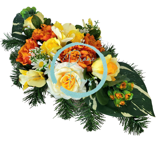 Aranžmán betonka umělé růže, pivoňky, alstromerie a doplňky 58cm x 30cm x 22cm AS565