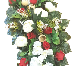 Coroana funerara din trandafiri și bujori artificiali 100cm x 35cm roșu, alb, verde
