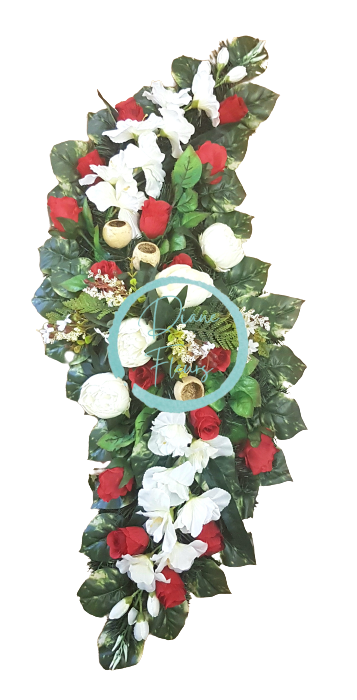 Smútočný veniec z umelých ruží a pivoniek 100cm x 35cm červená, biela, zelená