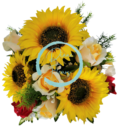 Viazaná kytica Exclusive ruže, slnečnice, doplnky 48cm umelá