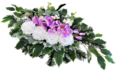 Trauergesteck aus künstliche Rosen, Orchideen und Accessoires 78cm x 38cm x 18cm