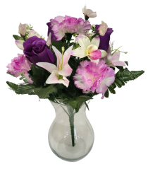 Bukiet róż, goździków, lilii i orchidei x13 33cm fioletowy sztuczny